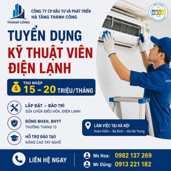 TUYỂN DỤNG KỸ THUẬT VIÊN ĐIỆN LẠNH – THU NHẬP 15-20 TRIỆU